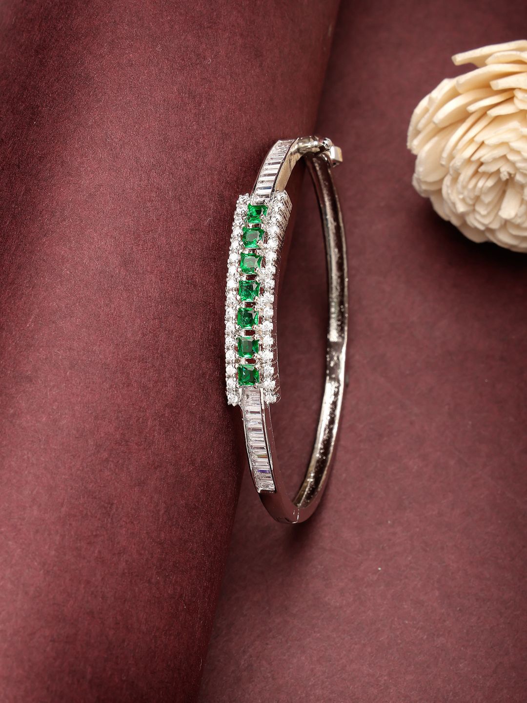 

ZENEME Rhodium-Plated American Diamond Bangle-Style Bracelet, Silver