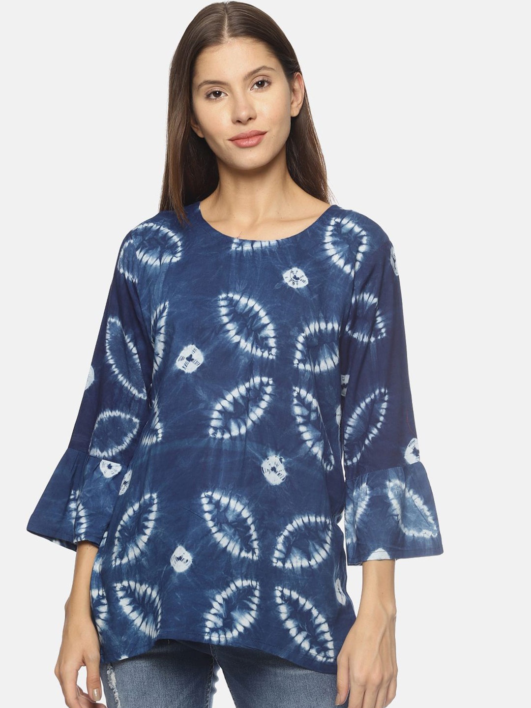 

SAHORA Tie and Dye Bell Sleeve Top, Blue