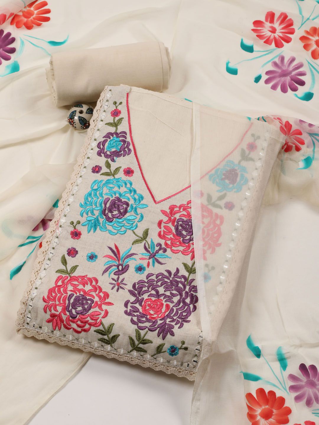

Meena Bazaar Embroidered Unstitched Dress Material, Cream