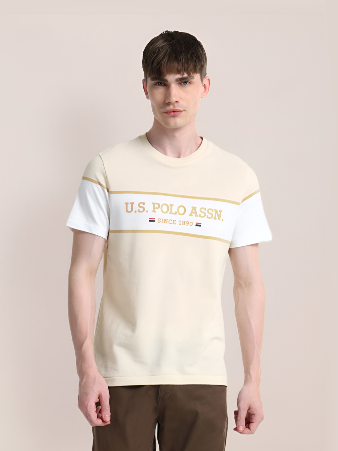 

U.S. Polo Assn. Men Typography Printed Applique Slim Fit T-shirt, Beige