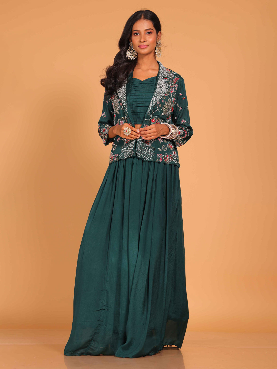 

Morchari Embroidered Crop Top With Skirt & Jacket, Green