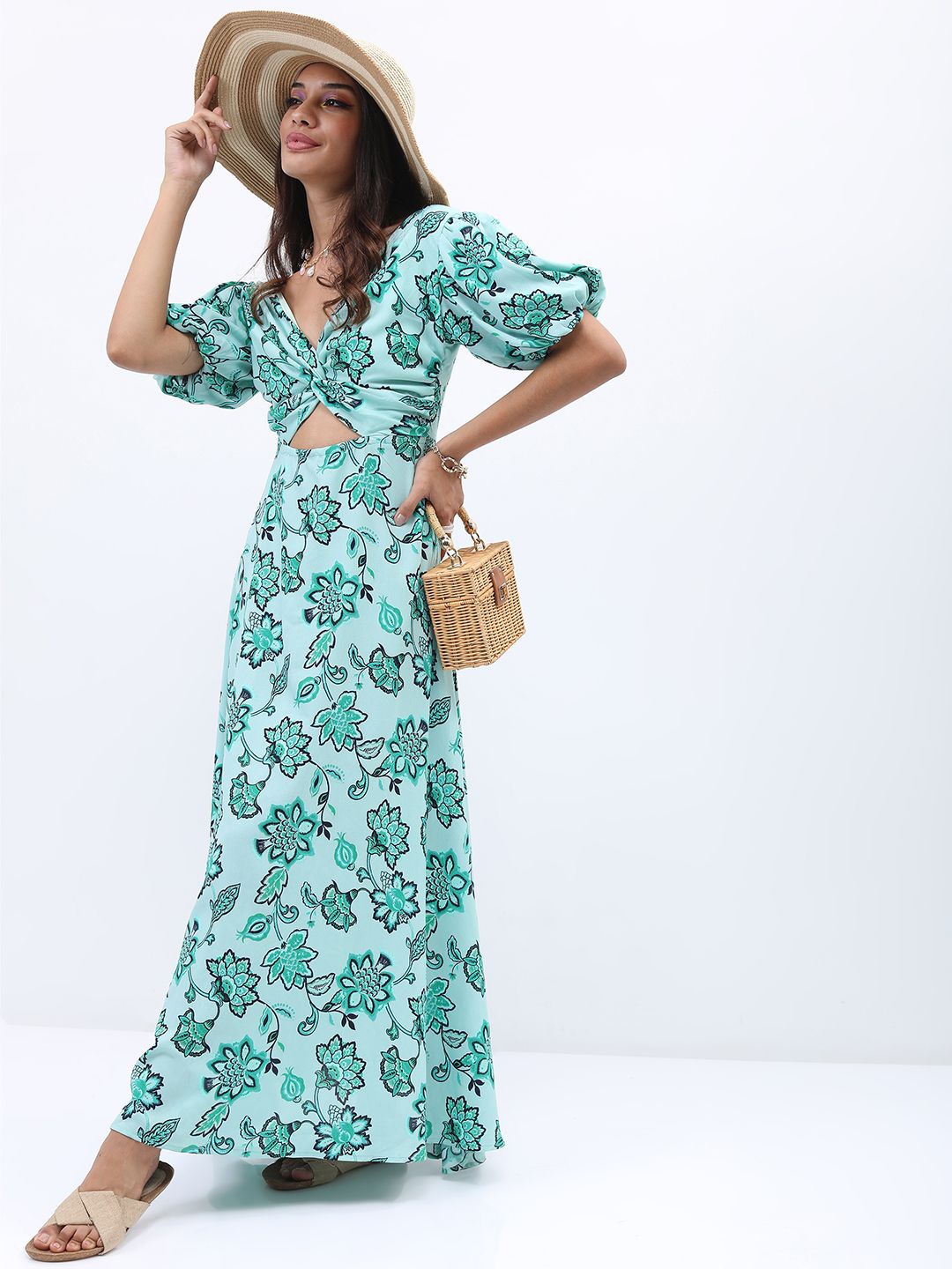 

Tokyo Talkies Floral Print Puff Sleeve Maxi Dress, Green