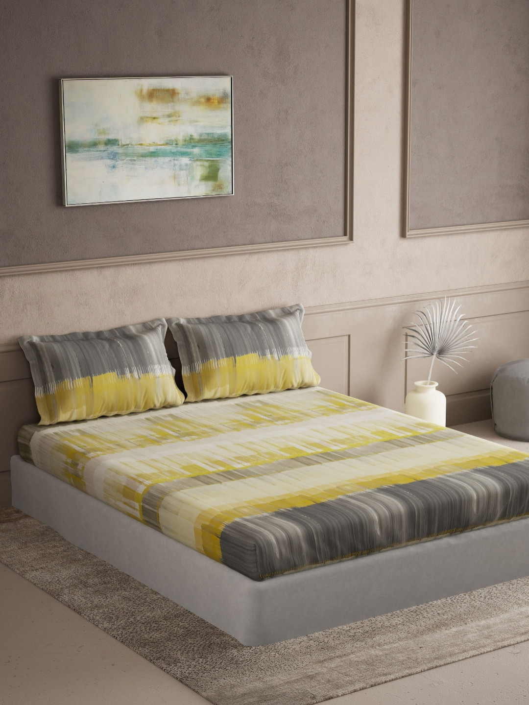 

DDecor Yellow & Grey 144 TC Queen Bedsheet with 2 Pillow Covers