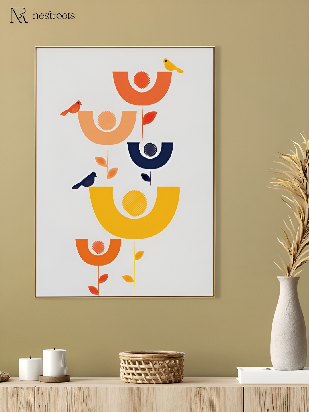 

nestroots White & Yellow Colorful Birds Abstract Canvas Wall Painting