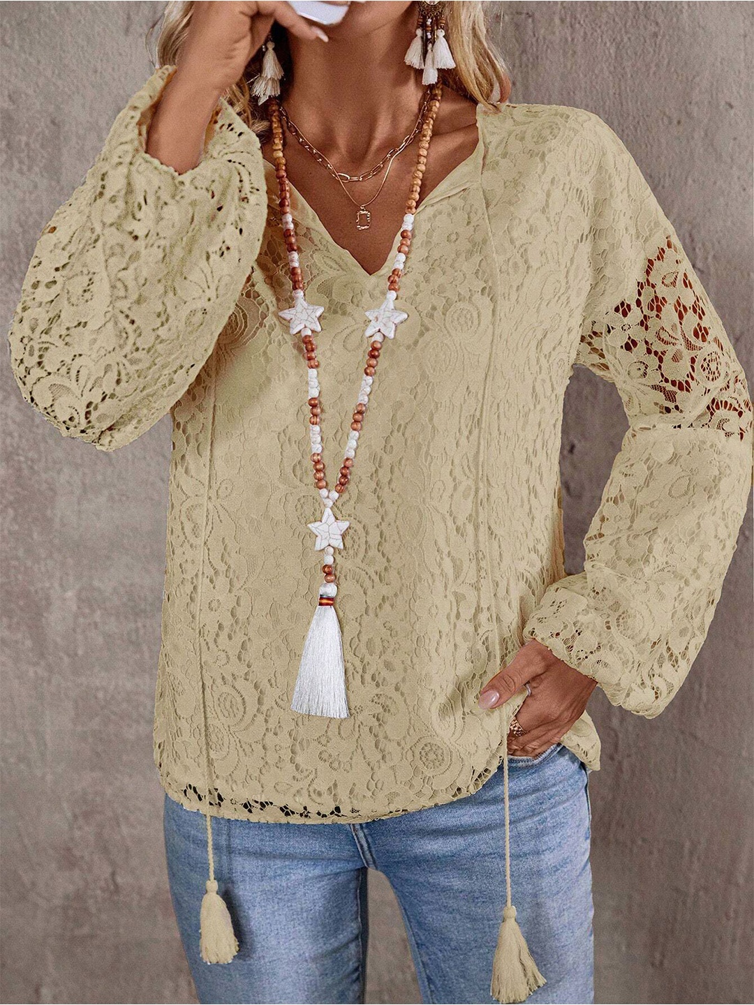 

StyleCast x Revolte Women Floral Self Design V-Neck Top, Beige