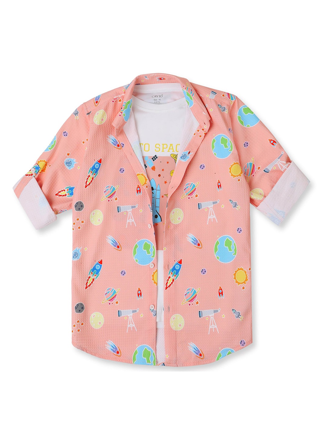

Cavio Boys Spread Collar Conversational Printed Cotton Casual Shirts & T-Shirt, Peach