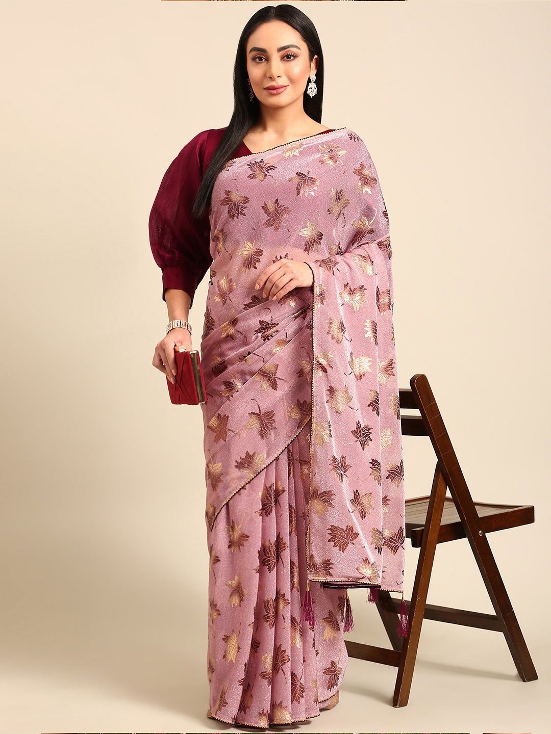 

all about you Floral Printed Embellished Zari Saree, Pink