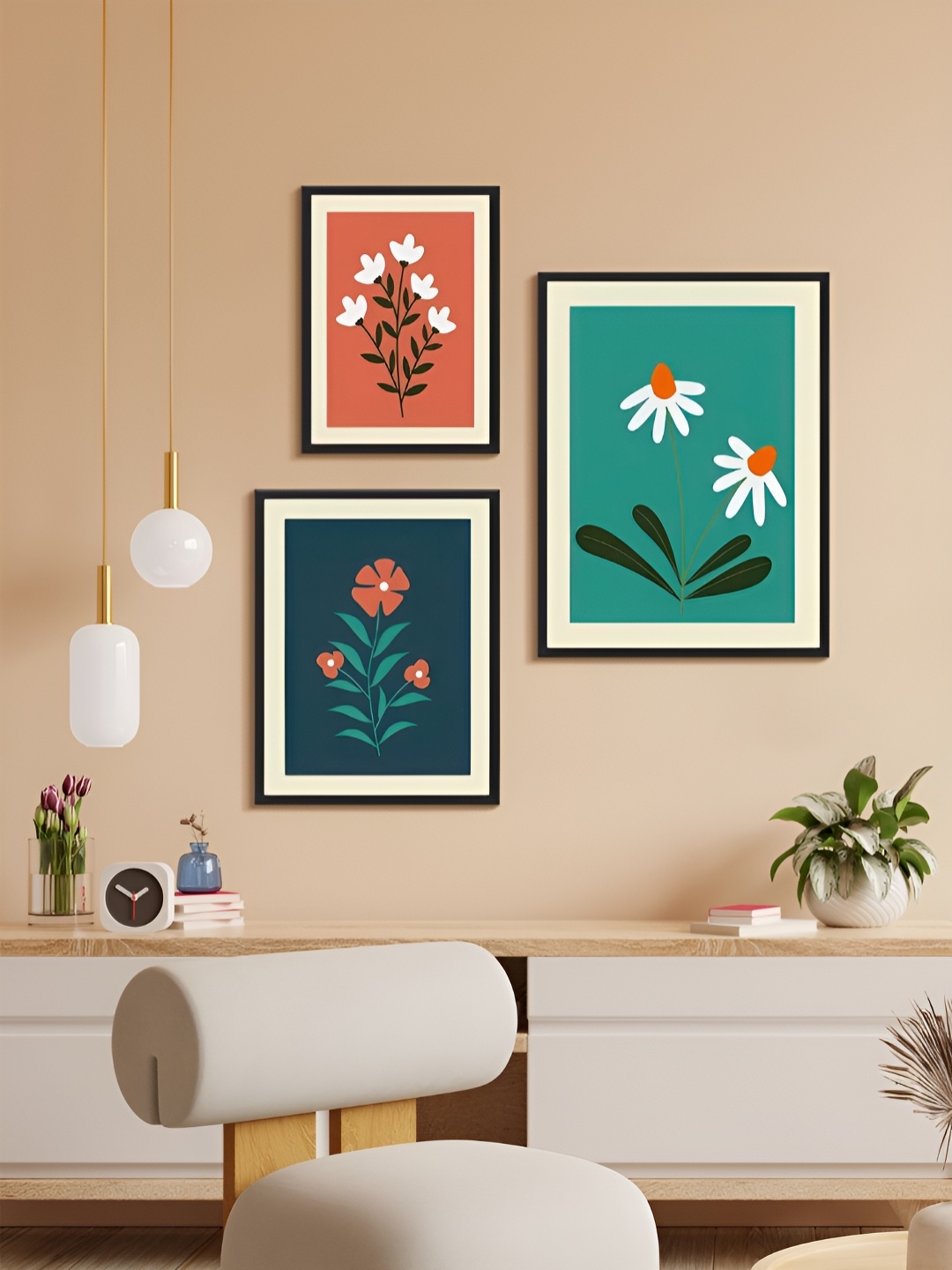 

999Store Green & Orange 3 Piece Paper Floral and Botanical Wall Paintings