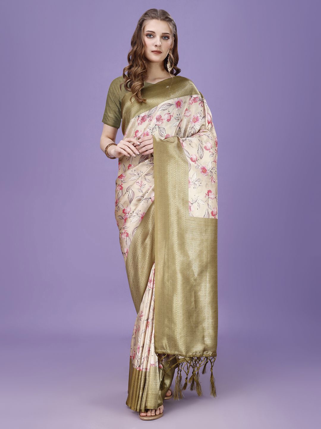 

Nigel Designer Floral Woven Design Saree, Olive