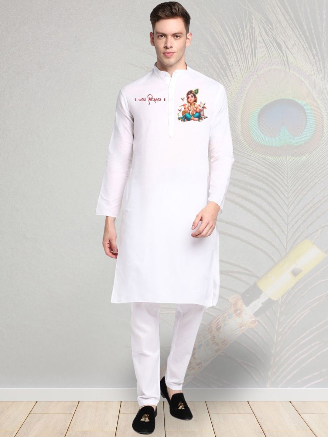 

DEVOILER Ethnic Motifs Digital Printed Mandarin Collar Cotton Straight Kurta, White
