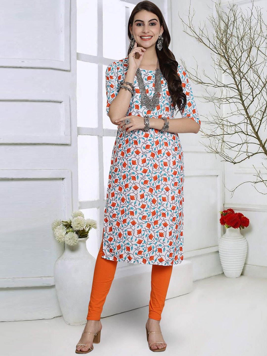 

7Threads Floral Printed Straight Kurta, White