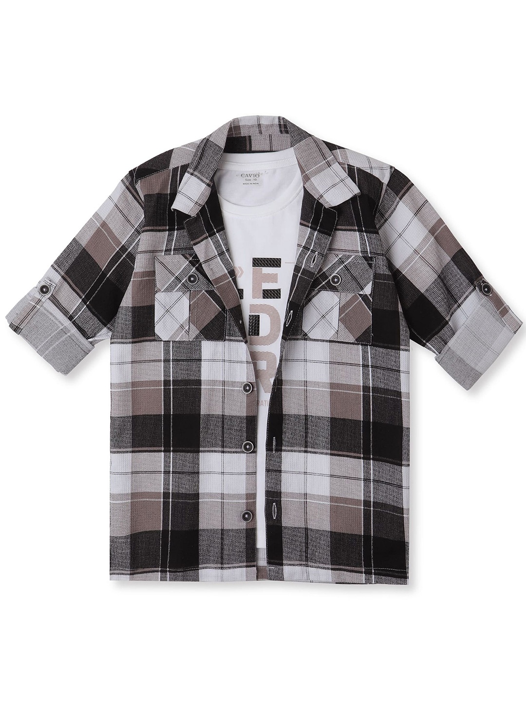 

CAVIO Boys Cuban Collar Tartan Checked Cotton Casual Shirts & T-Shirt, Black