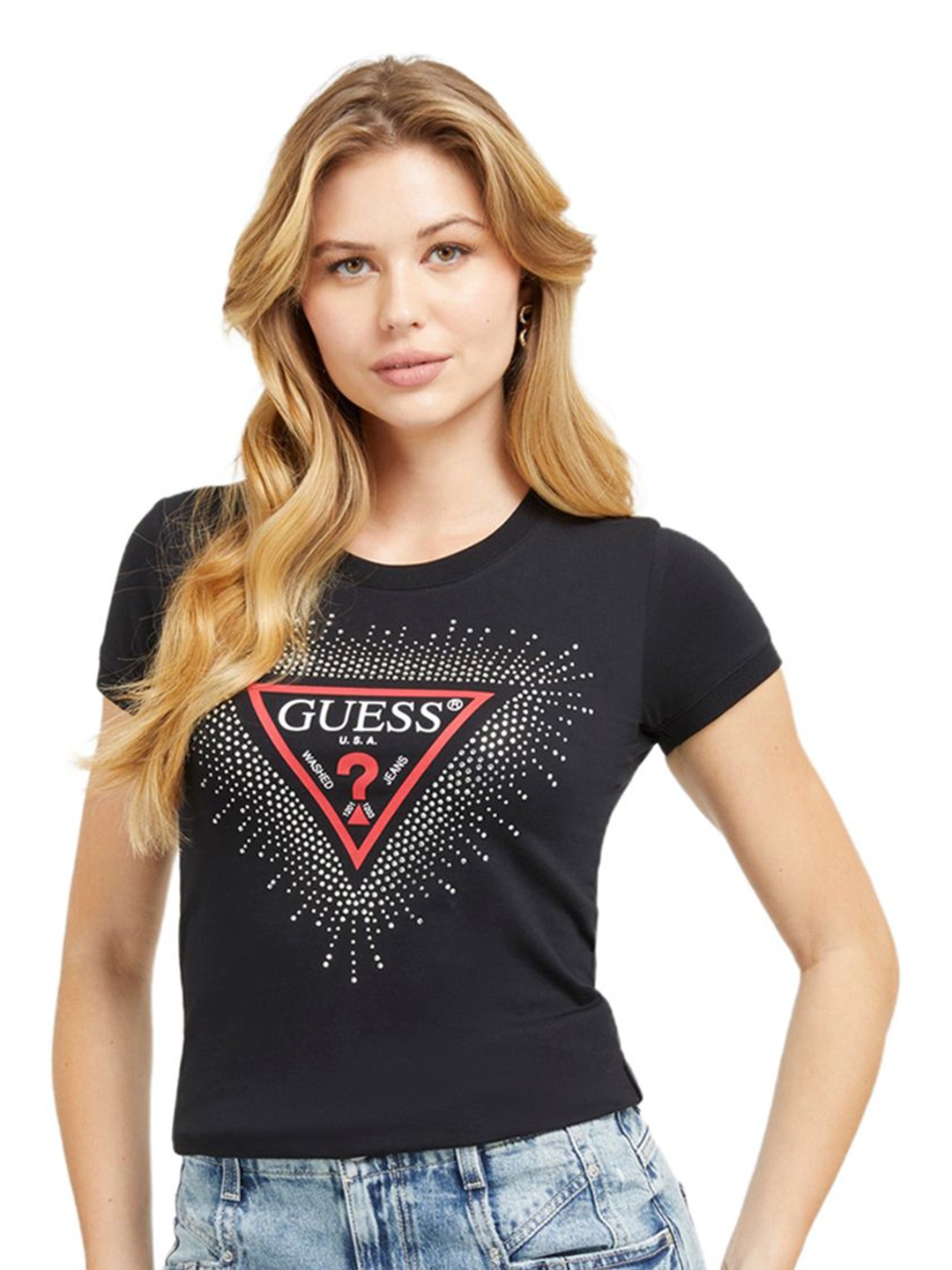 

GUESS Women Typography Printed V-Neck Pockets T-shirt, Black