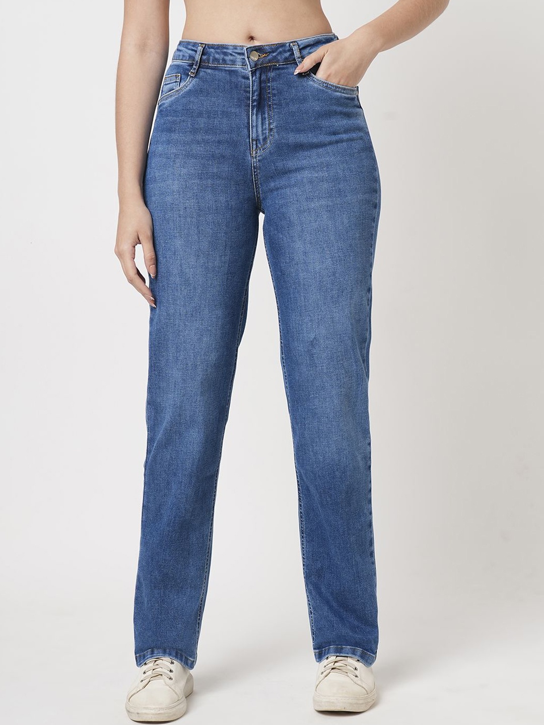 

Kraus Jeans Women Cotton Straight Fit High-Rise Light Fade Stretchable Jeans, Blue