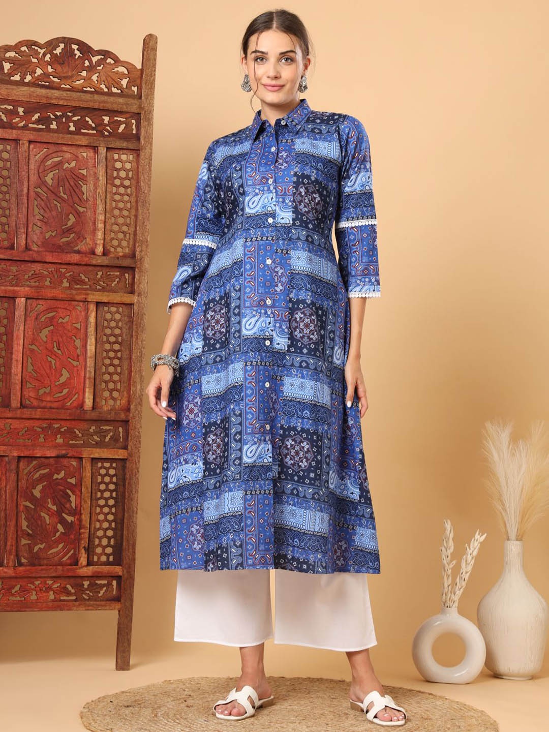 

Tissu Women Ethnic Motifs Printed Regular Pure Cotton Kurta with Palazzos, Blue