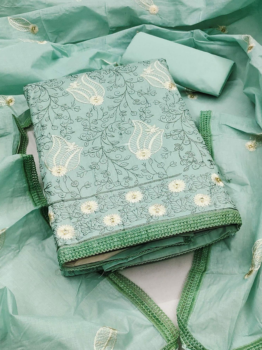 

Peachmode Embroidered Pure Cotton Unstitched Dress Material, Green