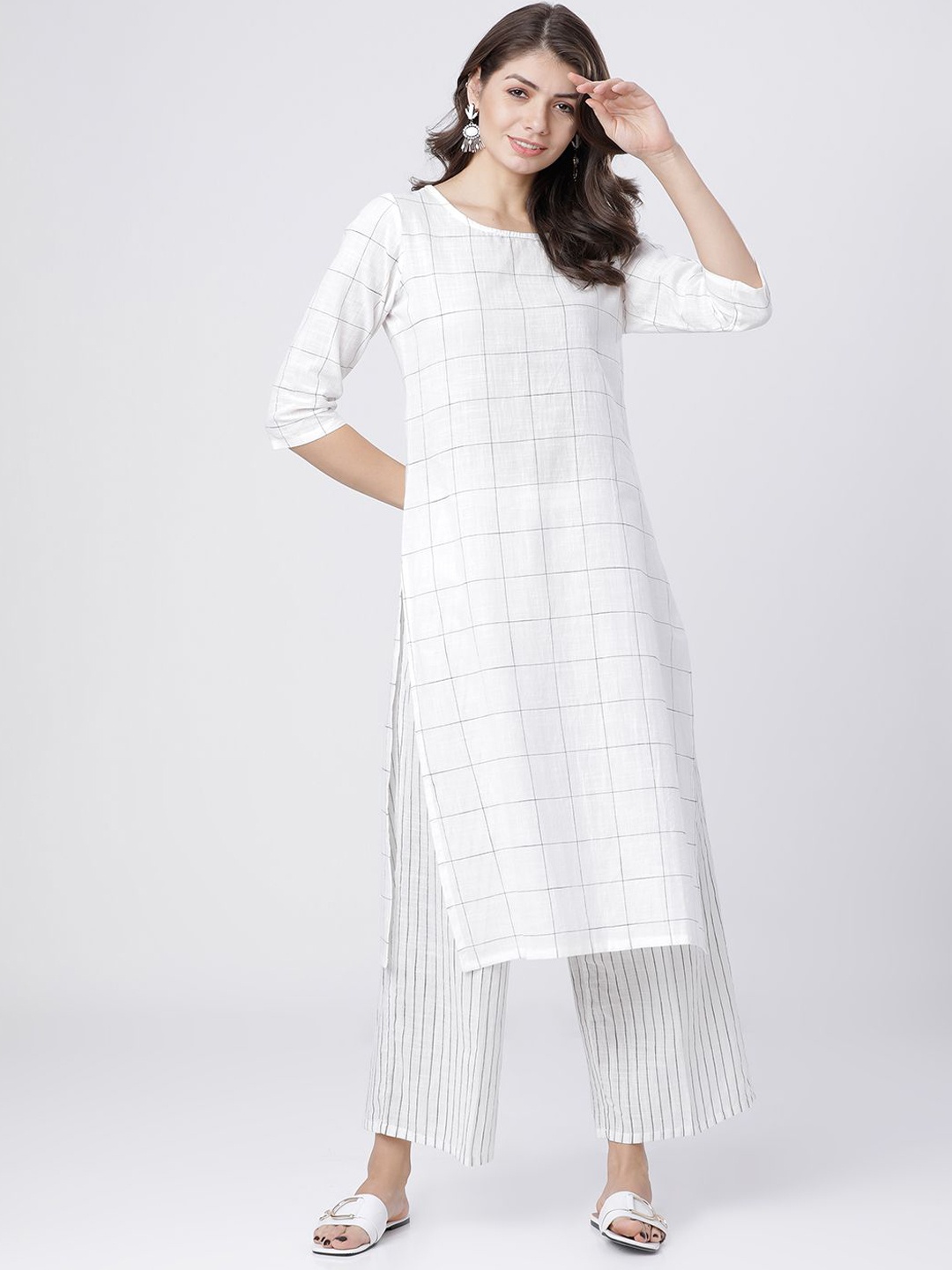 

Vishudh Women Regular Pure Cotton Kurta with Palazzos, Off white