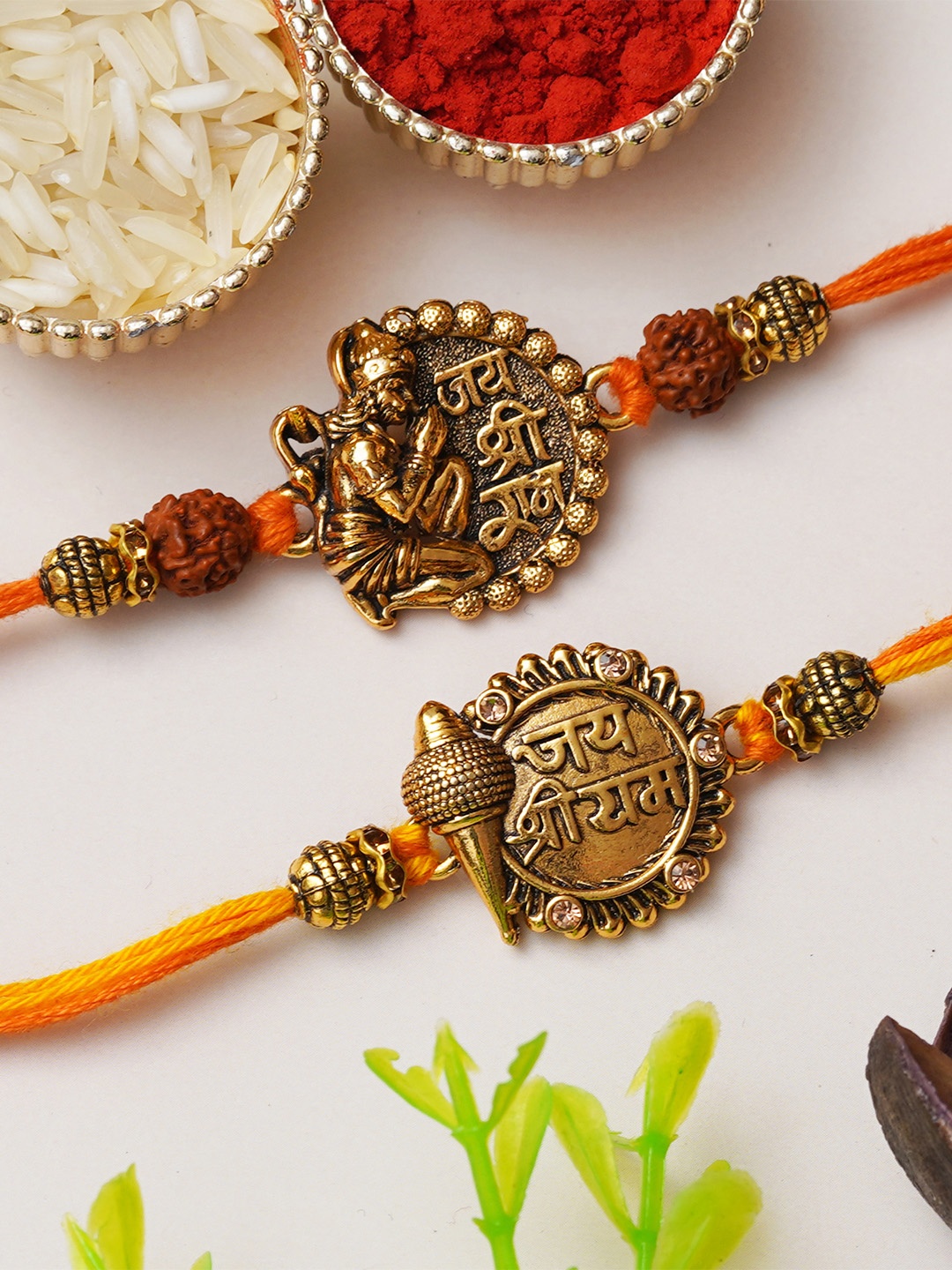 

eCraftIndia Unisex Set of 2 Jai Shri Ram with Mace & Lord Hanuman Religious Rakhi, Gold