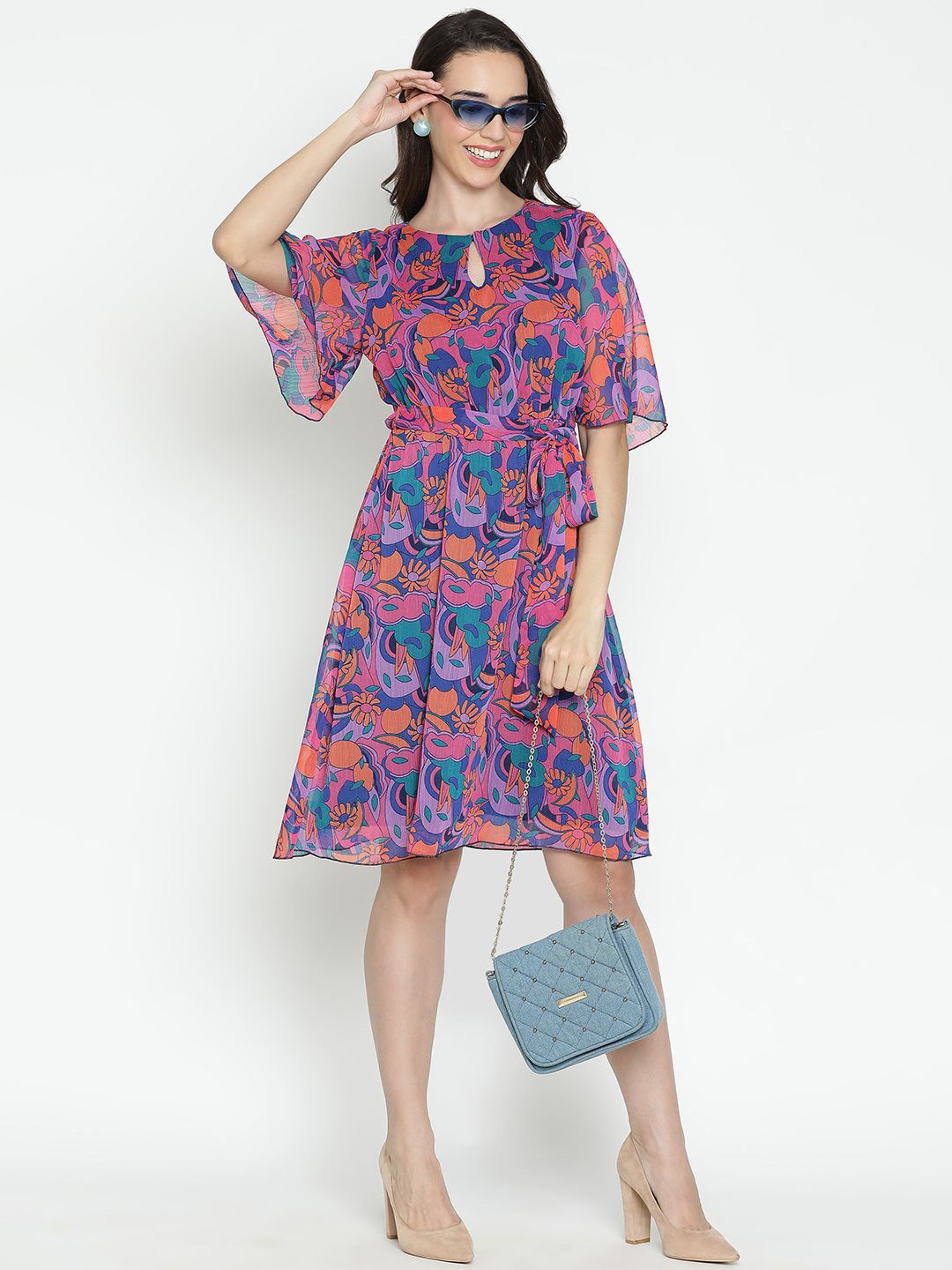

DRAAX Fashions Floral Printed Keyhole Neck Flared Sleeve Fit & Flare Dress, Pink