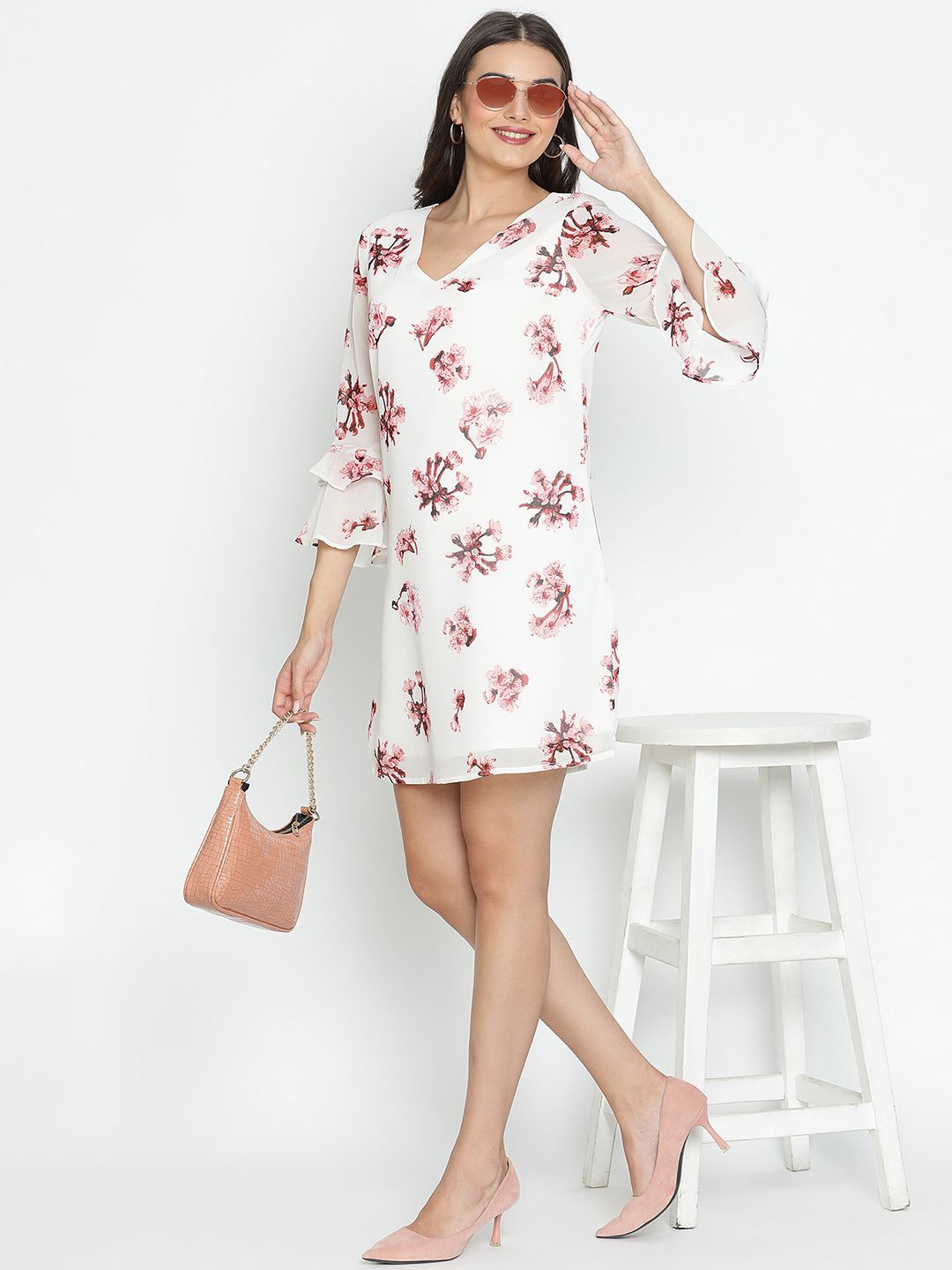 

DRAAX Fashions Floral Printed Bell Sleeves A-Line Dress, White