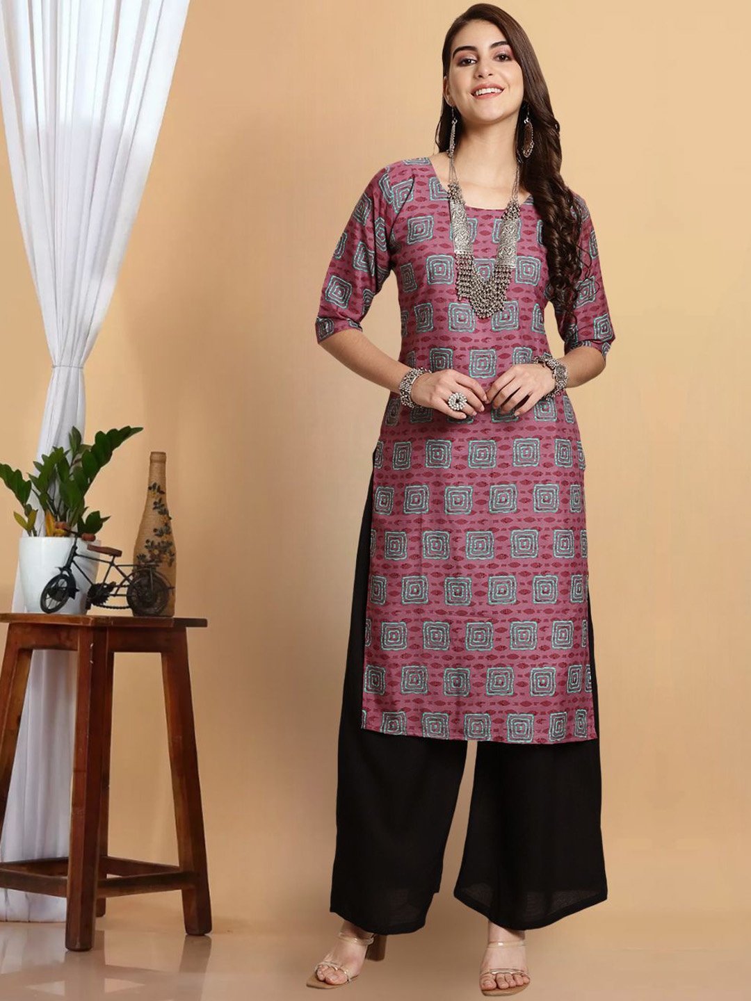 

1 Stop Fashion Geometric Printed Straight Kurta, Blue