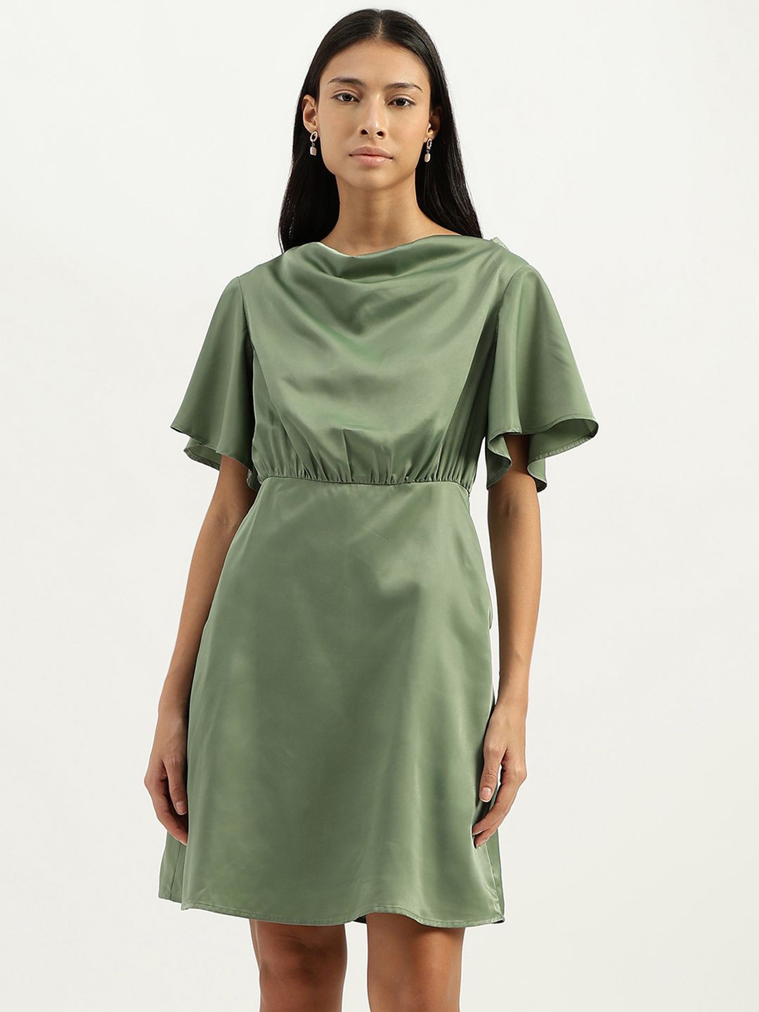 

United Colors of Benetton Cowl Neck Flared Sleeve A-Line Dress, Green