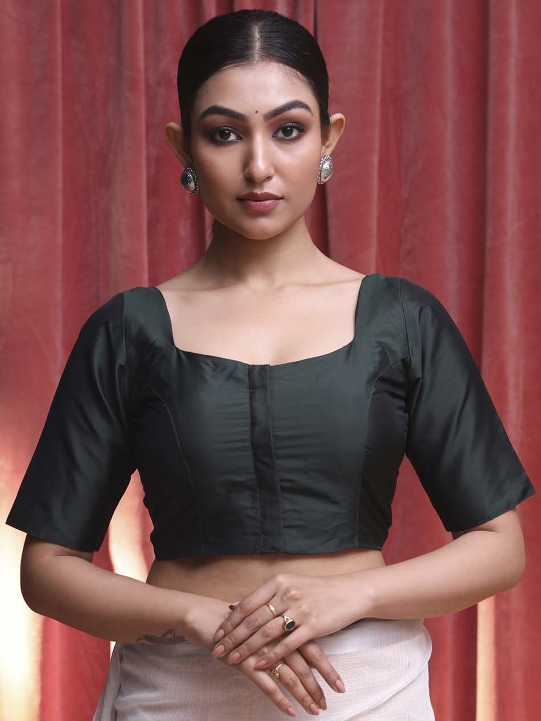 

Indethnic Short Sleeve Square Neck Tafeta Saree Blouse, Green