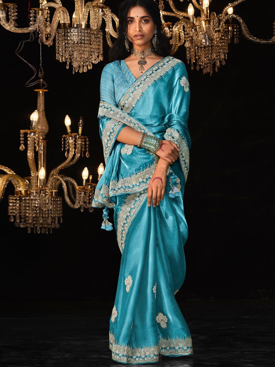 

MySilkLove Embellished Embroidered Tissue Saree, Blue