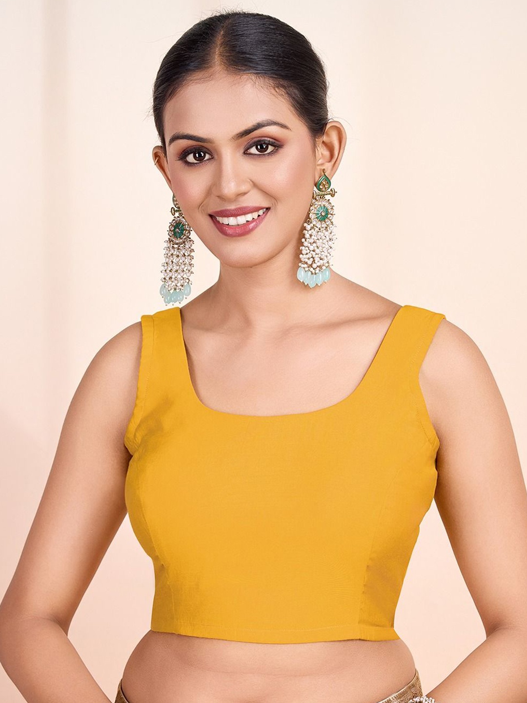 

Inddus Round Neck Sleeveless Solid Saree Blouse, Mustard