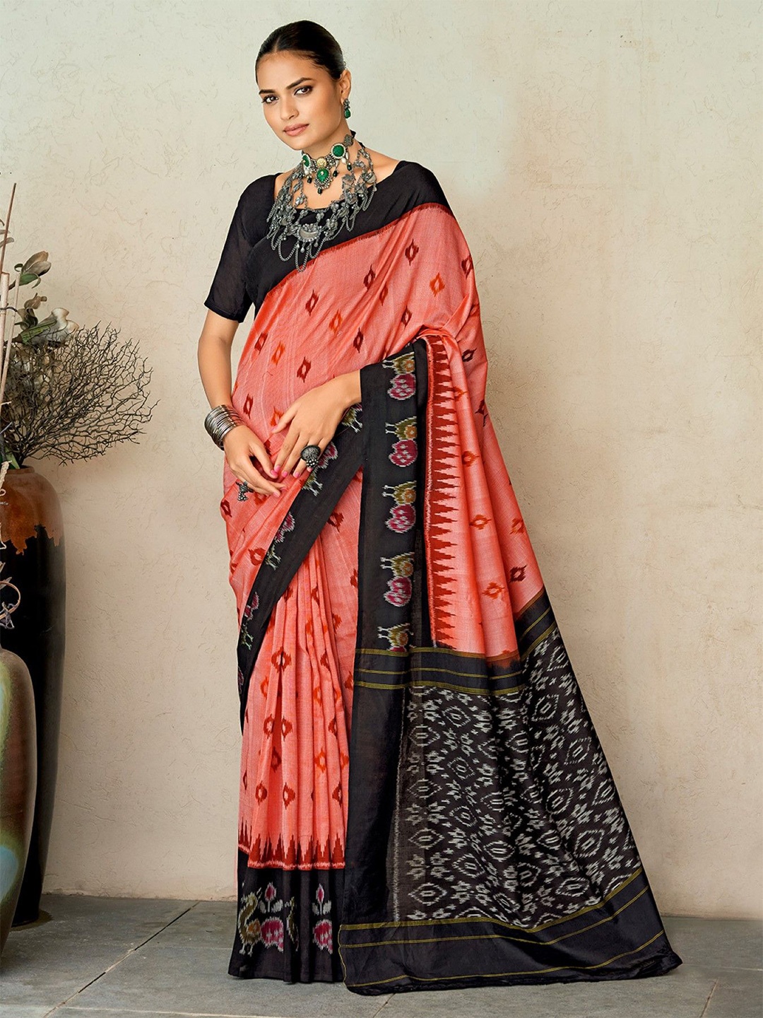 

Mitera Floral Ikat Women's Cotton Saree With Unstitched Blouse Piece, Black