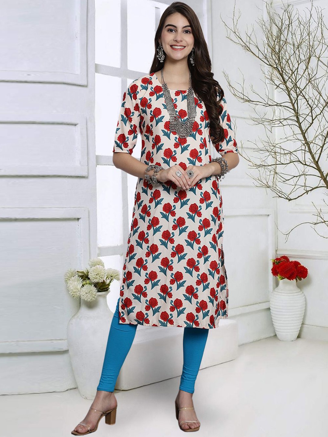 

KALINI Floral Printed Round Neck Short Sleeves Straight Kurta, Beige