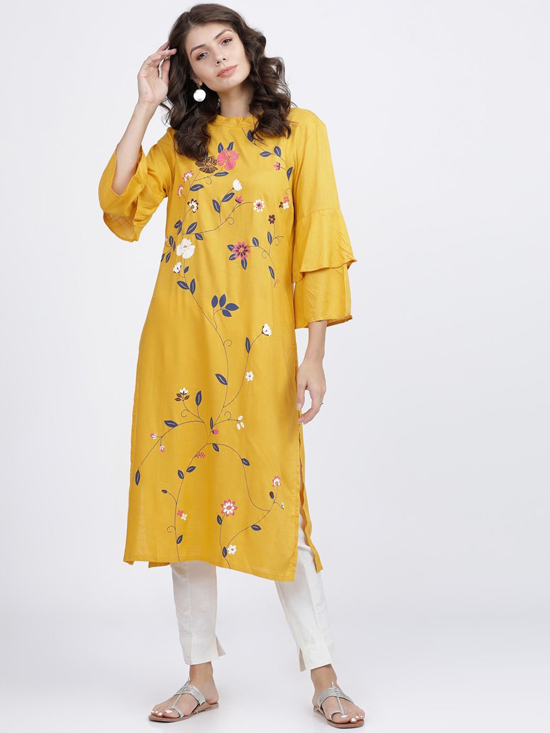 

Vishudh Women Floral Embroidered Flared Sleeves Thread Work Kurta, Mustard