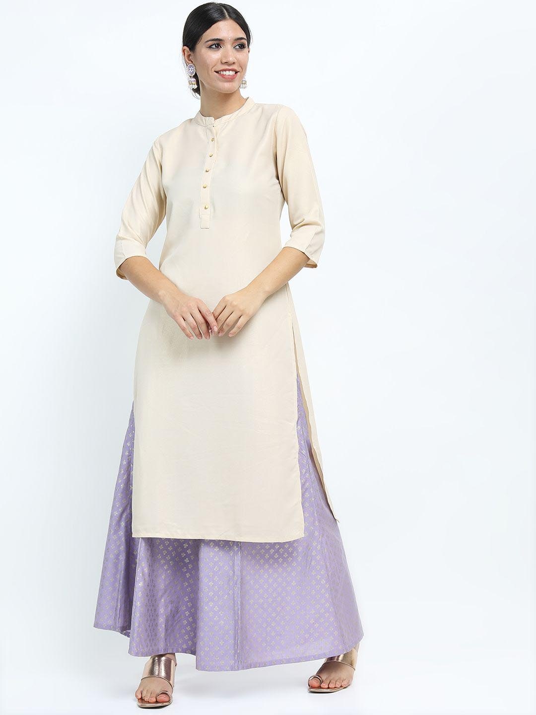 

Vishudh Women Striped Mirror Work Pathani Kurta, Cream