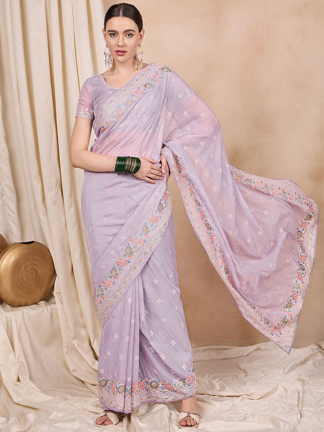 

KAVINDI Embroidered Floral Beads and Stones Organza Saree, Lavender