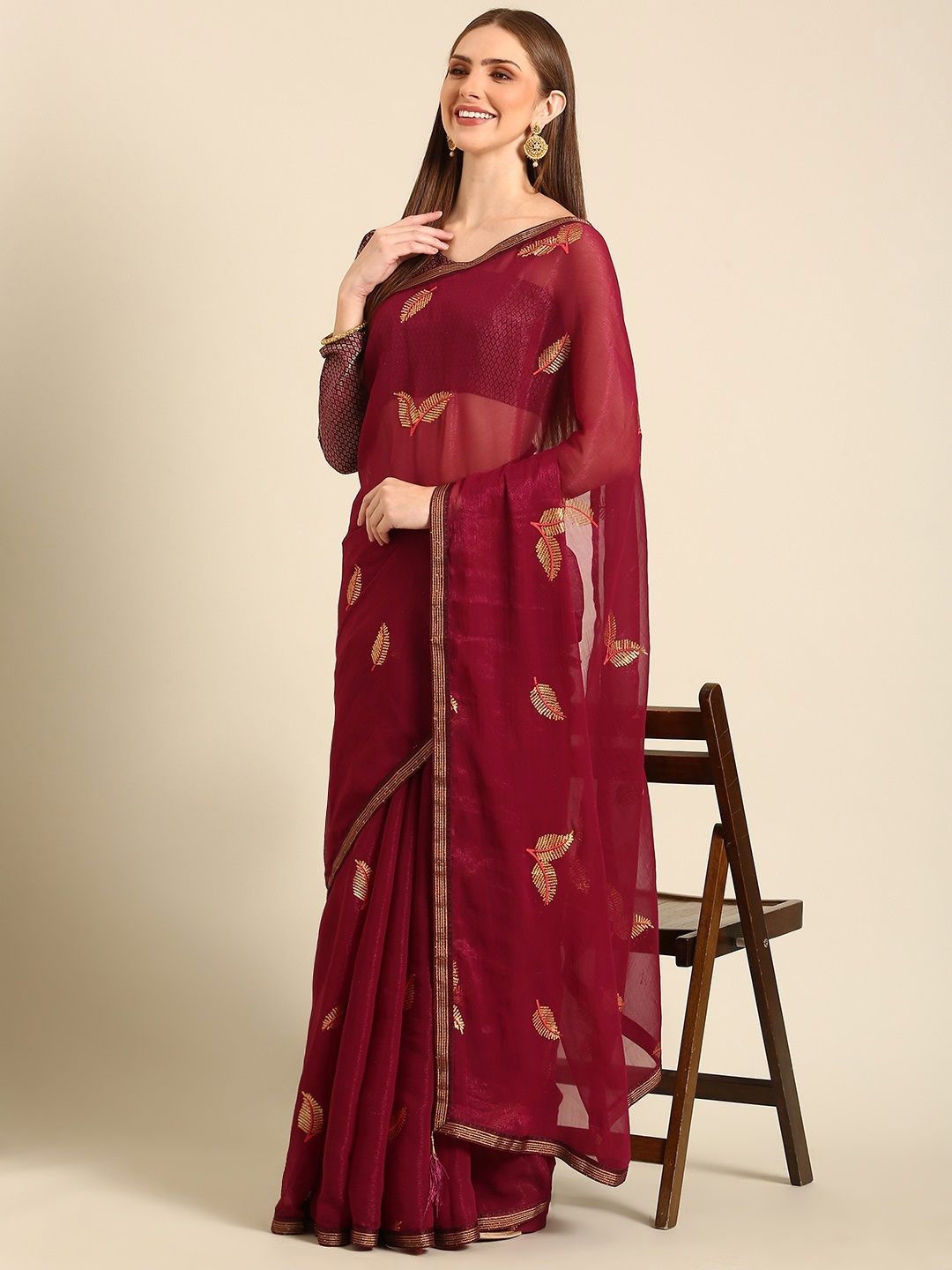 

all about you Ethnic Motifs Embellished Sequinned Saree, Maroon