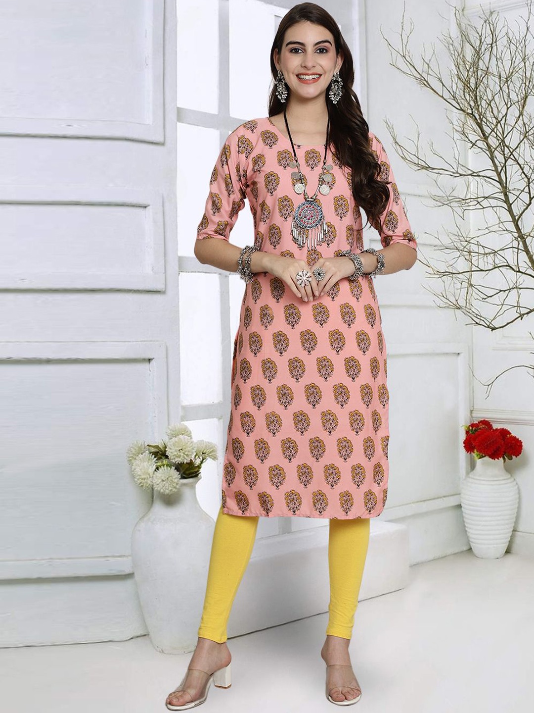 

KALINI Paisley Printed Round Neck Straight Kurta, Orange