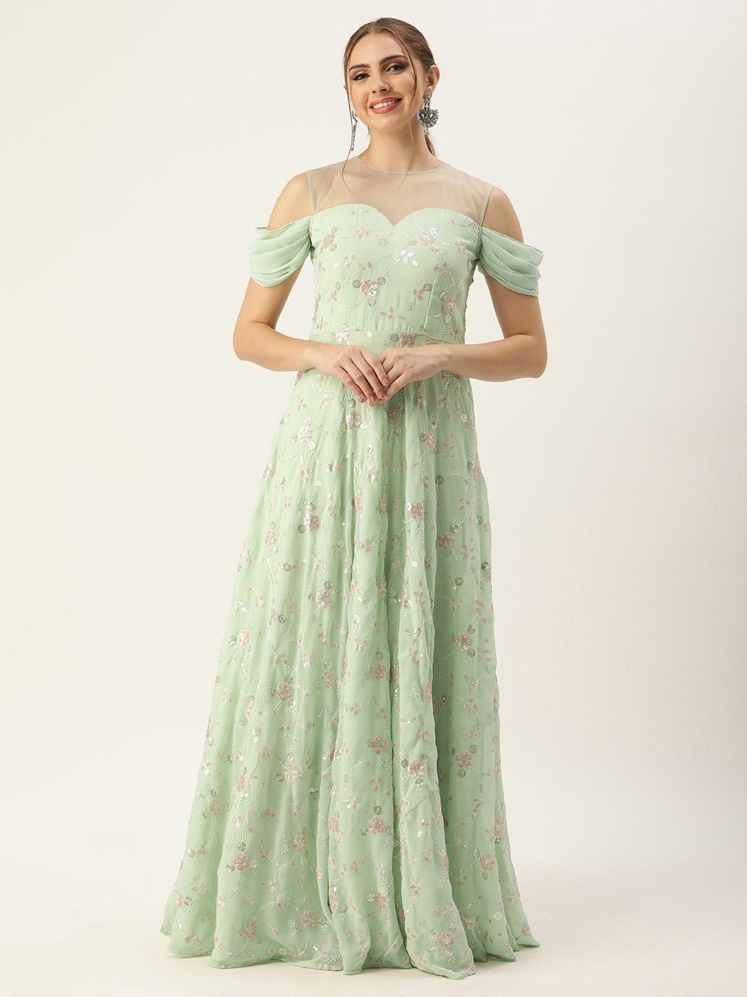 

Ethnovog Floral Cold-Shoulder Georgette Maxi Dress, Green
