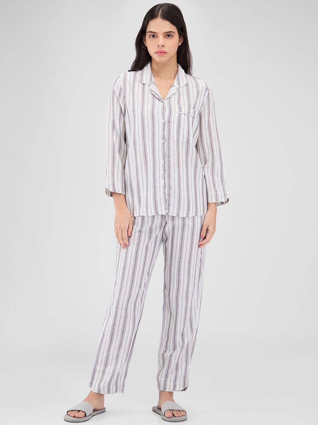 

Mystere Paris Women Striped Night suit, Grey