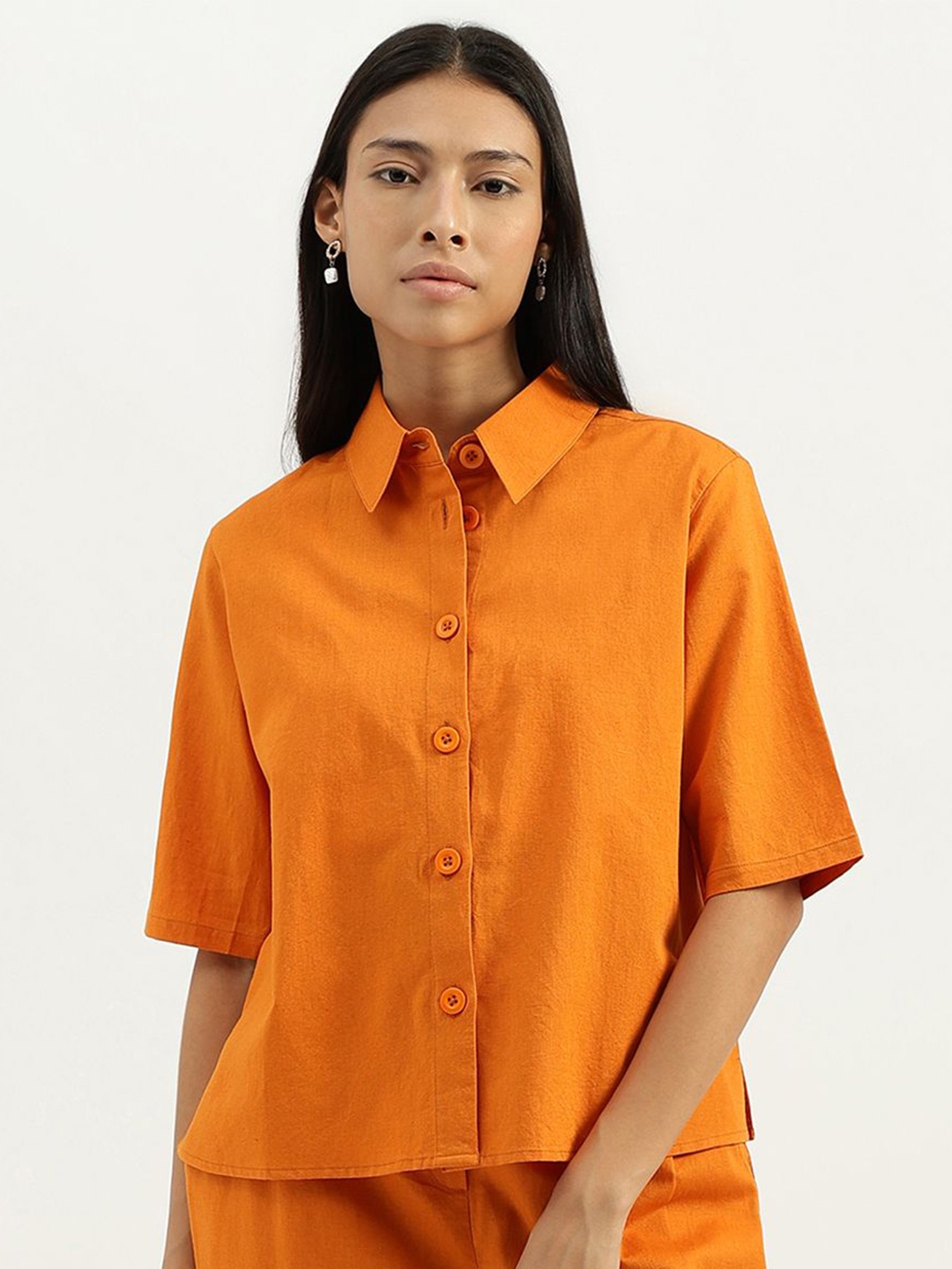 

United Colors of Benetton Women Spread Collar Solid Cotton Linen Casual Shirt, Orange