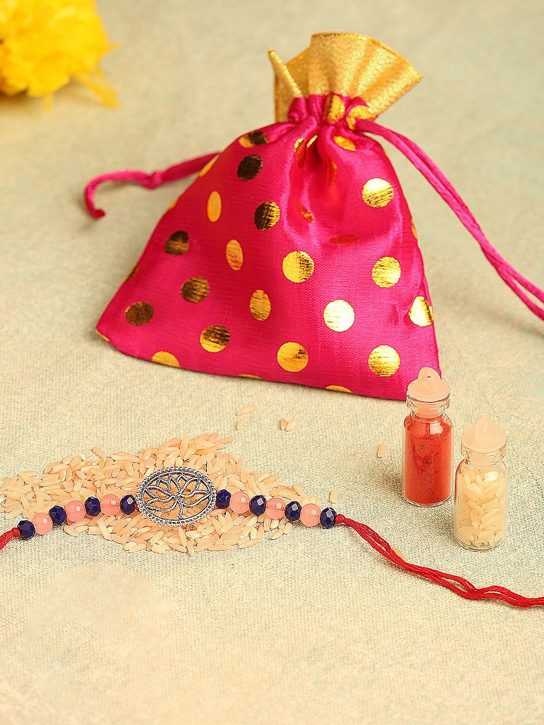 

Sangria Lotus Charm Thread Rakhi With Roli Chawal, Red
