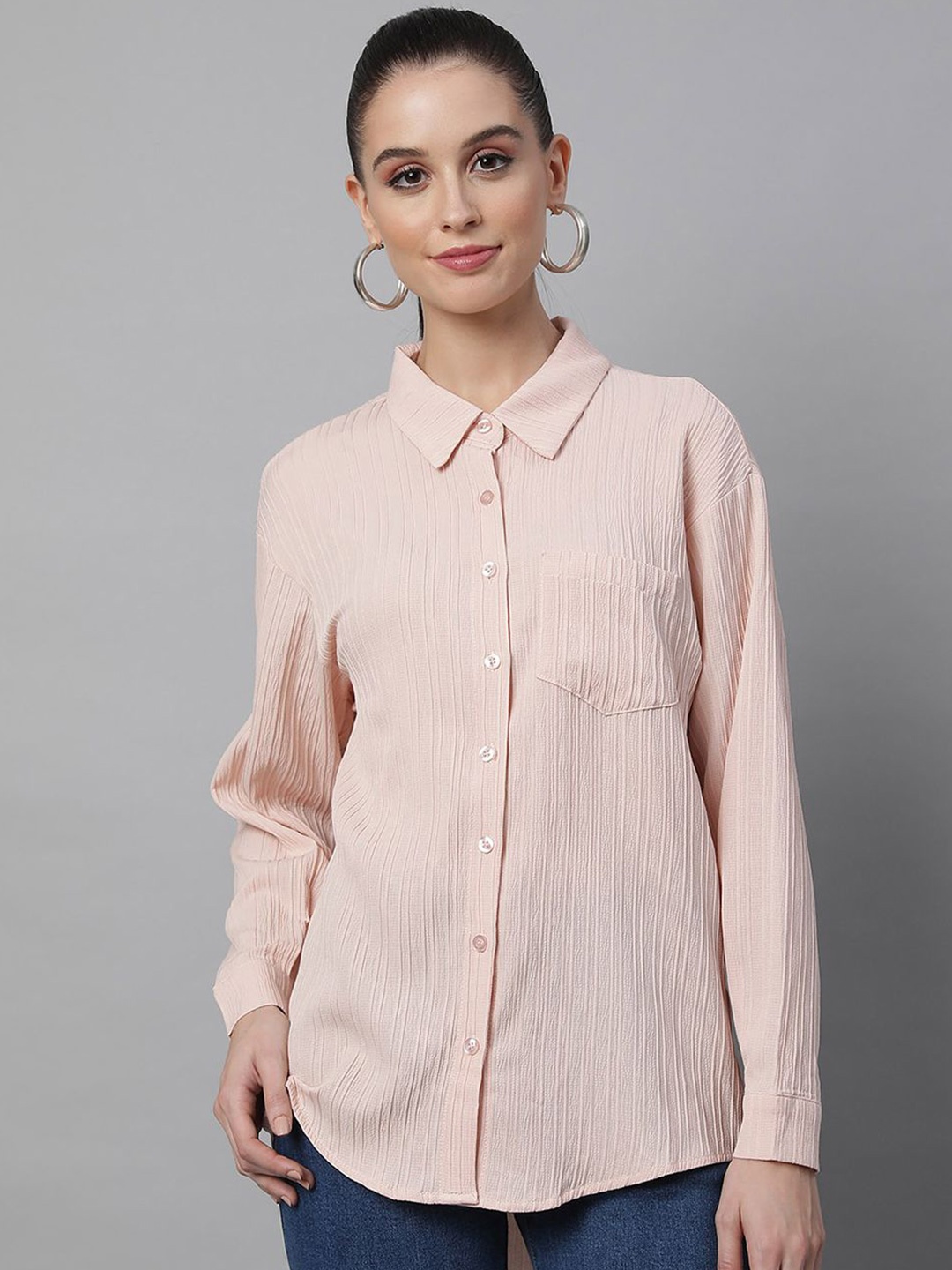 

Global Republic Women Classic Spread Collar Striped Cotton Relaxed Fit Casual Shirt, Pink