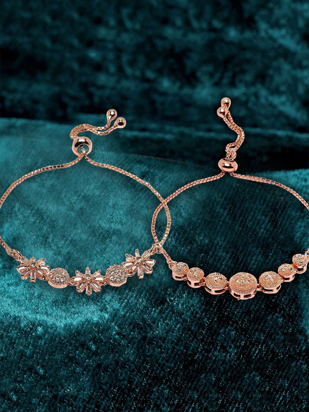 

ZENEME Pack Of 2 Rose Gold Palted American Diamond Studded Wraparound Bracelet