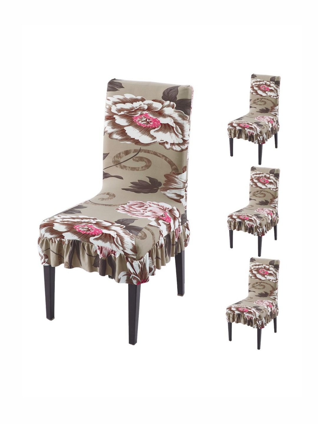 

HOKIPO Set Of 4 Brown Printed Frill Chair Covers