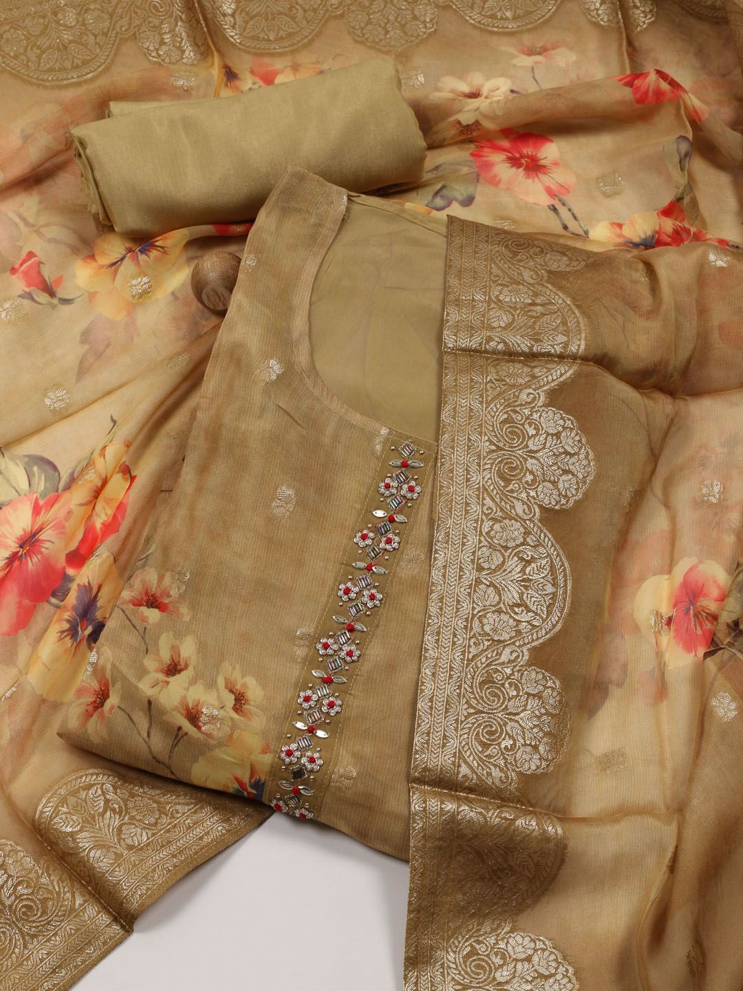 

Meena Bazaar Printed Art Silk Unstitched Dress Material, Beige