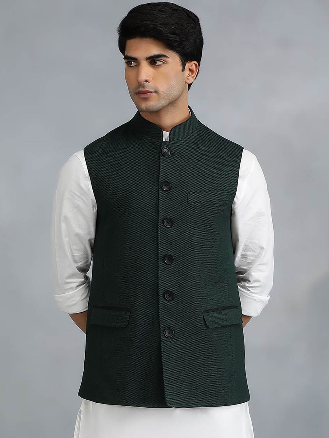 

MODI JACKET Men Geometric Woollen Longline Tailored Jacket Patchwork, Green