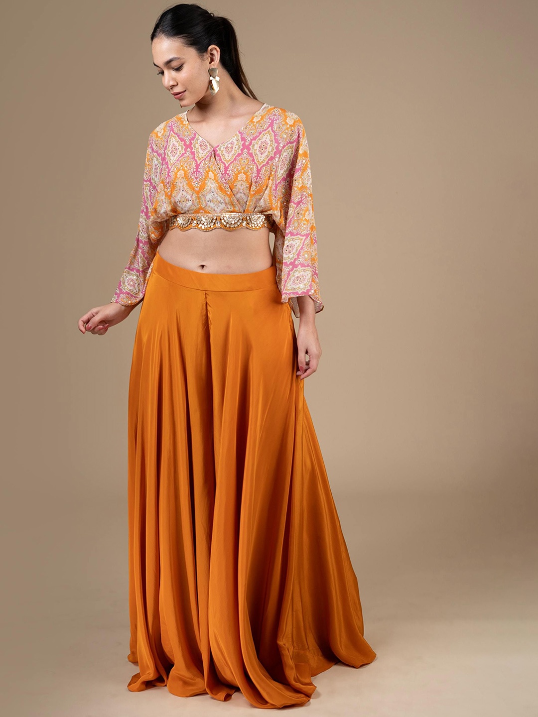 

House Of Dharaa Printed Crop Top With PalazooCo-Ords, Orange