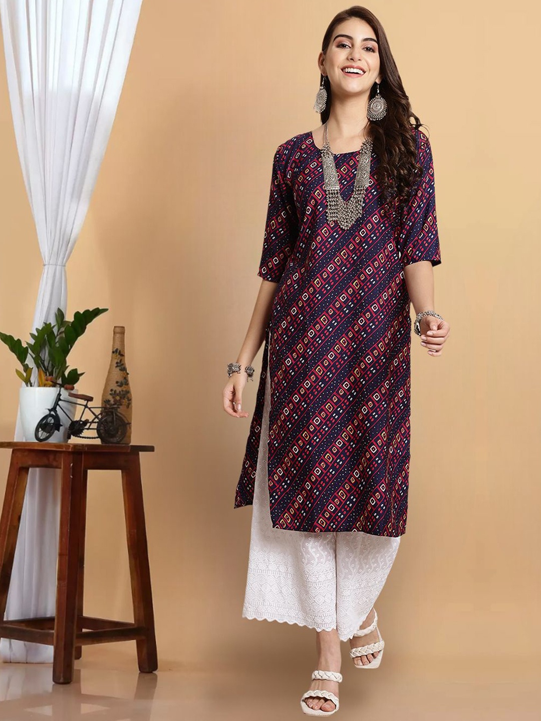 

7Threads Geometric Printed Straight Kurta, Blue
