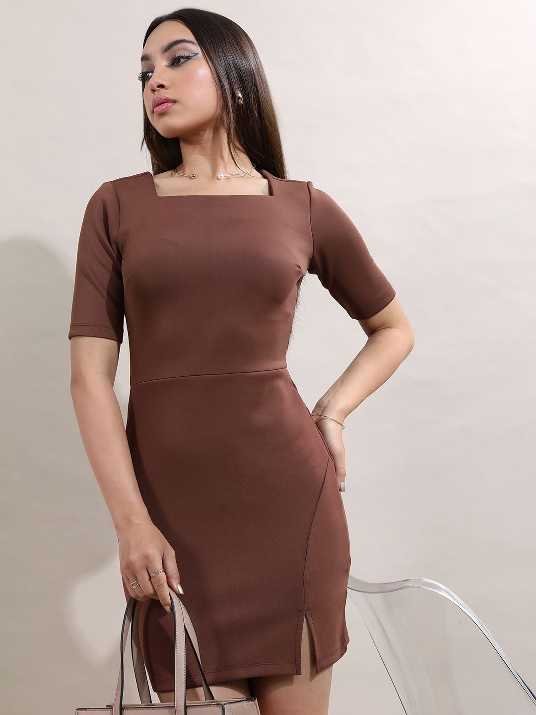 

Tokyo Talkies Women Solid Square Neck Sheath Dress, Brown