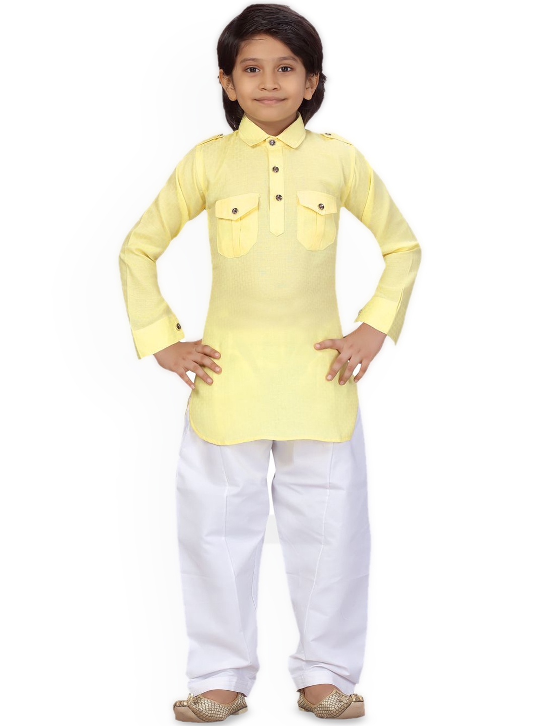 

BAESD Boys Self Design Textured Pocket Detailing Pure Cotton Pathani Kurta With Salwar, Yellow