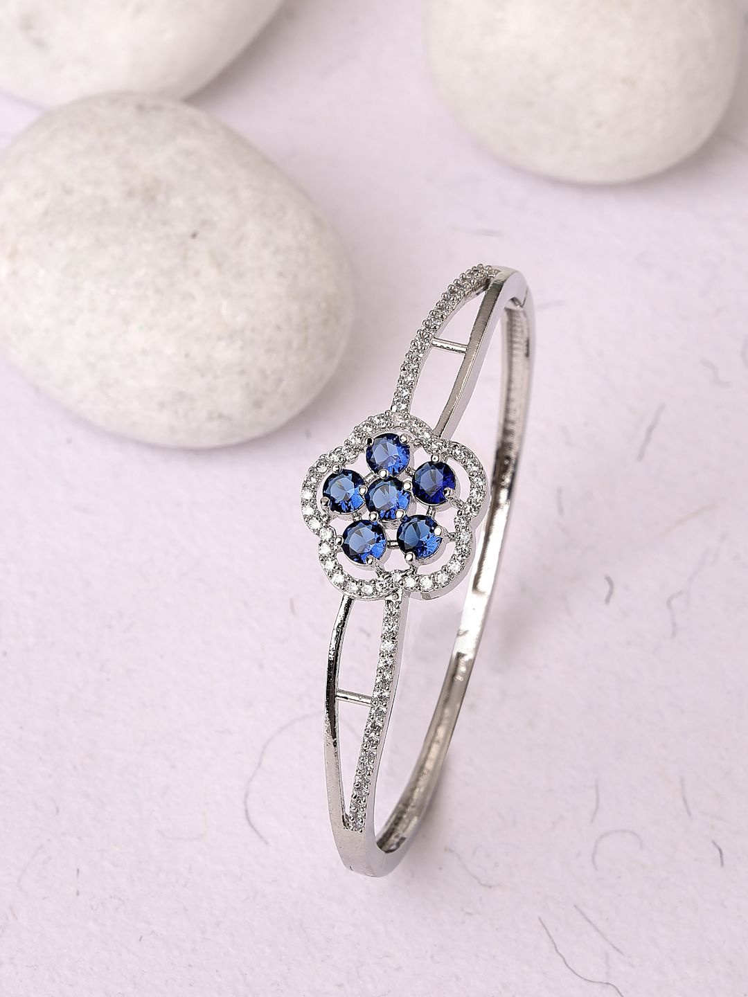 

ZENEME Rhodium-Plated American Diamond Bangle-Style Bracelet, Silver